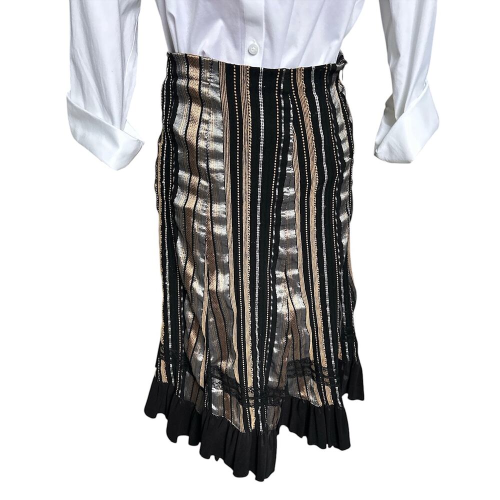 Vintage‎ Viola Size Medium Y2K Black Gold Silver Metallic Ruffle Hem Midi Skirt